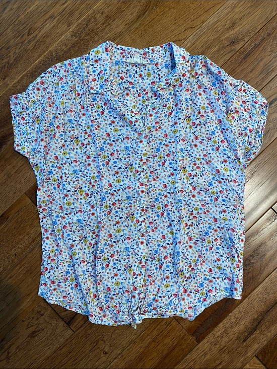 Jane and Delancey Tops - Jane and Delancey White Floral Button Front Top with Blue, Red and Yellow Print
